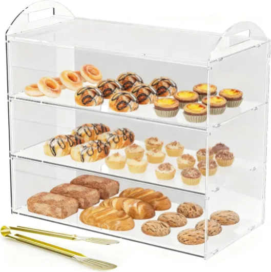 Vitrine commerciale à 3 niveaux avec poignée, 49,5 x 38 x 26 cm, présentoir pour comptoir, pâtisserie, nourriture, pâtisserie, pain, dessert, biscuits
