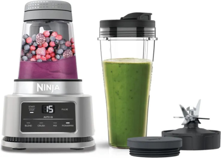 Foodi Power Nutri Blender 2-en-1, mixe des bols de smoothie et des boissons glacées, programmes automatiques, gobelet de 700 ml et bol de 400 ml avec palette motorisée, 1100 W, argent CB100EU 2 en 1