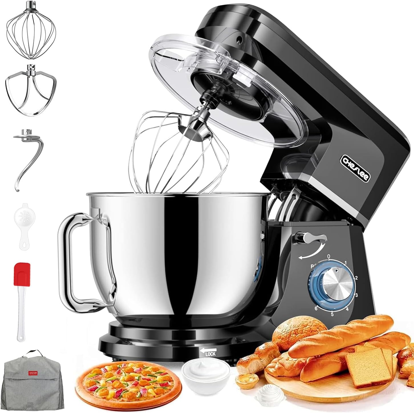 Robot Pâtissier 2000W Robot de Cuisine 7.2 L Bol d'Acier Inoxydable,6 Vitesses avec Fonction Pulse avec Fouet Crochet Pétrisseur et Batteur,Housse anti-Poussière Black