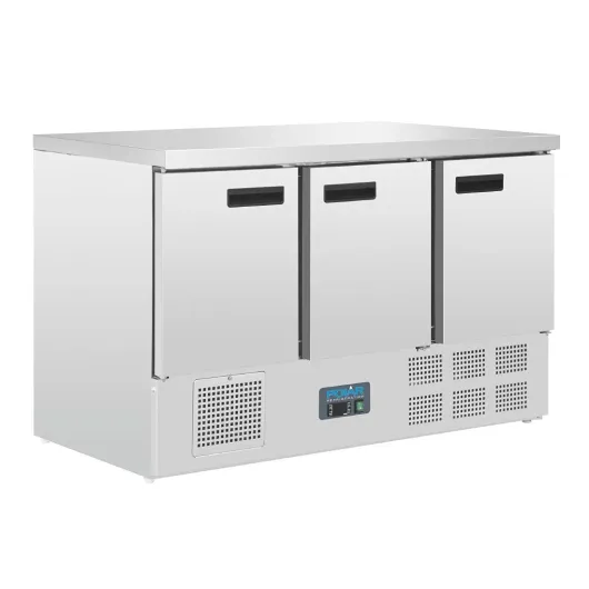 Polar Refrigeration G-Series Table réfrigérée à trois portes 235 W 368 litres, acier inoxydable, 2°C à 5°C, 880(H) x1370(W) x700(D) mm, 3 étagères, classe énergétique C, capacité utile : 308Ltr, G622