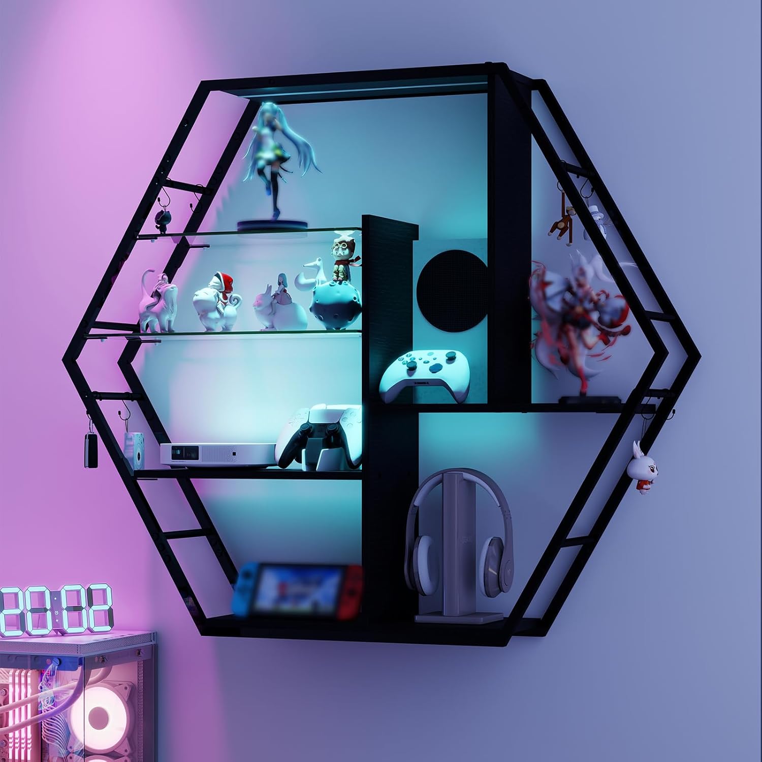 Étagère Vitrine Murale Flottante en Métal avec LED 7 Couleurs, Bibliothèque Suspendue 2 Supports en Verre Trempé, 8 Crochets, Meuble Collection, Cuisine, Salon, Bar Industriel Hexagone Noir Noir Hexagone - Moderne