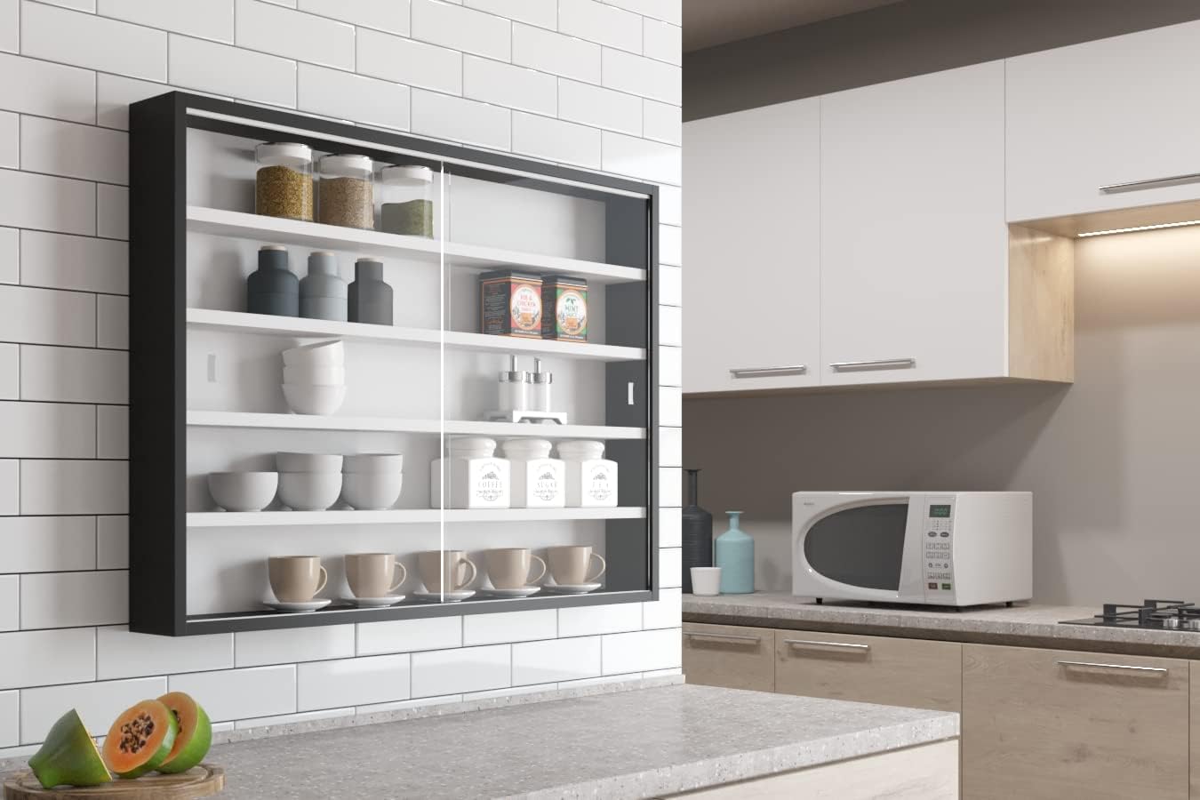 Inter Link - Vitrine Murale pour Objets de Collection – Armoire de rangement avec 4 étagères – 5 Compartiments - pour Miniatures - MDF Noir/Blanc Noir, Blanc