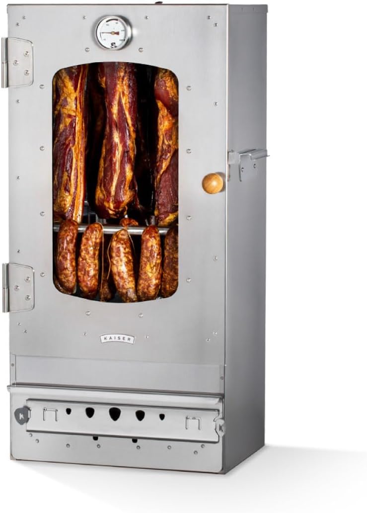Fumoir KAISER COMPANY '50' en acier inoxydable de haute qualité, portable de 80 cm, pour fumer jusqu'à 10 kg de viande, chauffage au bois 80 cm - Charbon de bois