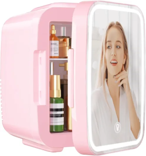 Mini Frigo pour Chambre, Frigo Skincare avec Miroir LED, Petit Frigo de 4L Portable, Thermoelectrique Chauffe & Refroidisseur 220V AC / 12V DC pour Voiture, Bureau, Dortoir (Rose)
