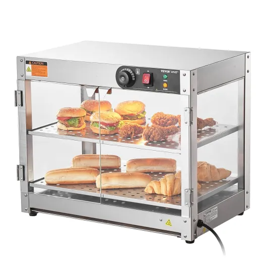 Vitrine Chauffante Commerciale à 2 Niveaux, Présentoir à Chaud 800 W avec Lumière, Contrôle de Température 30~85 ℃, Grande Capacité 58 L pour Présentation Hamburger, Pizza, Pain, Poulet Frit