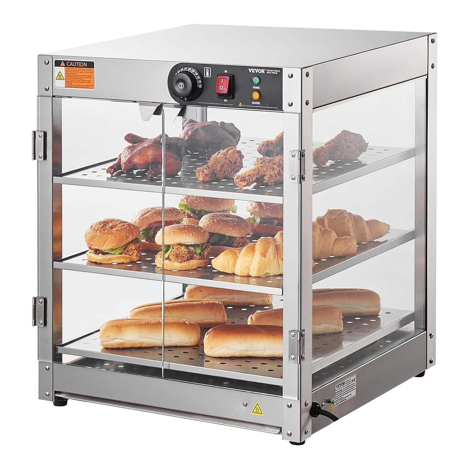 Vitrine Chauffante Commerciale 3 Niveaux, Présentoir à Chaud 800 W avec Lumière, Contrôle de Température 30~85 ℃, Grande Capacité 90 L pour Présentation Hamburger, Pizza, Pain, Poulet Frit