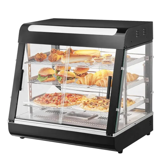 Vitrine Chauffante Commerciale à 3 Niveaux, Présentoir à Chaud 1200 W, avec Lumière, Étagère Réglable et Affichage de la Température, Chauffage à Vapeur 30-85 ℃, 111 L, pour Hamburger, Pizza