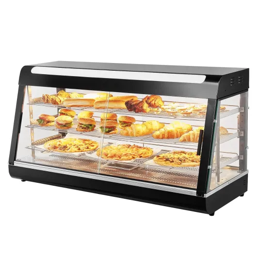 Vitrine Chauffante Commerciale à 3 Niveaux, Présentoir à Chaud 1500 W, avec Lumière, Étagère Réglable et Affichage de la Température, Chauffage à Vapeur 30-85 ℃, 80 L, pour Hamburger, Pizza