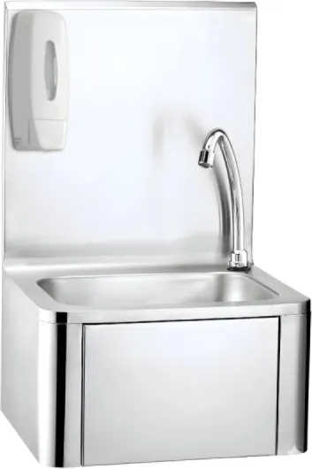 Générique Lave-Mains à Commande Fémorale - Inox - Hygiénique - Pied - Professionnel - Distributeur Savon - Mains Libres - Usage Intensif - Restaurant, Cuisine, Laboratoire - Argenté