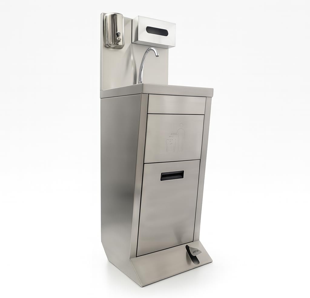 Lave-Mains Professionnel avec Cuve Inox – Station de Lavage Complète avec Commande au Pied, Distributeur de Savon, Distributeur de Papier et Poubelle Intégrée