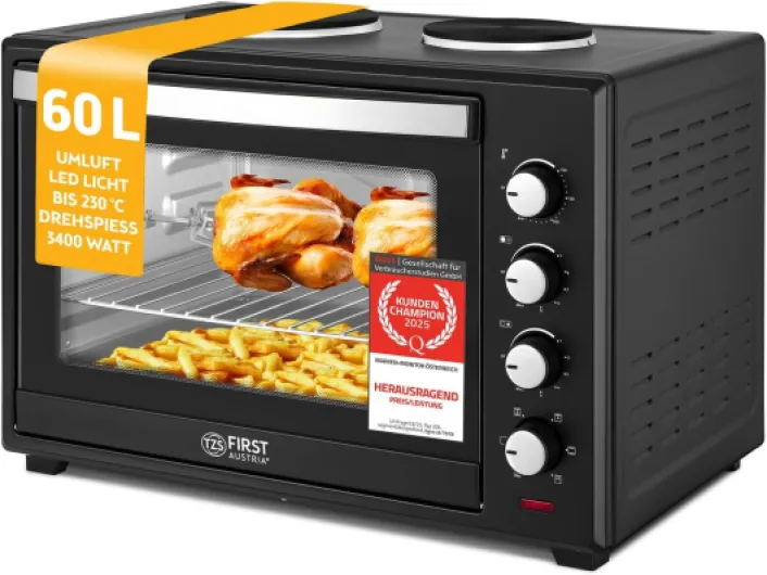 TZS First Austria - Mini-Four avec plaques de cuisson 60L 3200 W - Four à pizza jusqu'à 230°C et 6 modes de chauffage - Four multifonction avec 4 hauteurs d'insertion et accessoires de haute qualité 62 cm