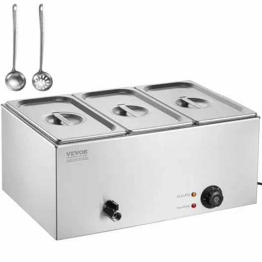 Chauffe-Plat Buffet à 3 Bacs, Bain-Marie Électrique 16,5 L 1200 W, Buffet Chauffant en Acier Inoxydable, Température Réglable 30-85 °C, pour Réchauffer Les Aliments Restauration Soirée Fête