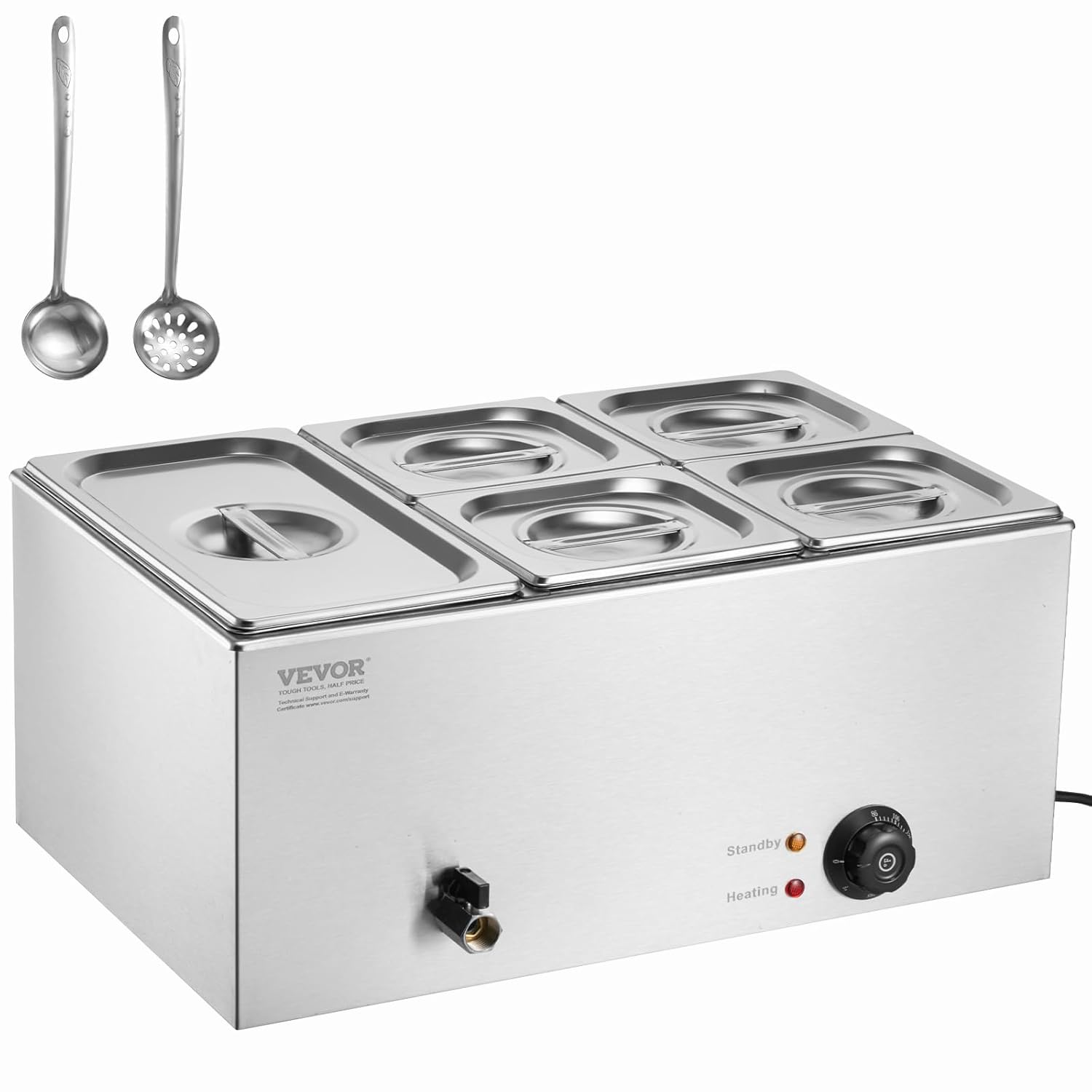 Chauffe-Plat Buffet à 5 Bacs, Bain-Marie Électrique 14,5 L 1200 W, Buffet Chauffant en Acier Inoxydable, Température Réglable 30-85 °C, pour Réchauffer Les Aliments Restauration Soirée Fête