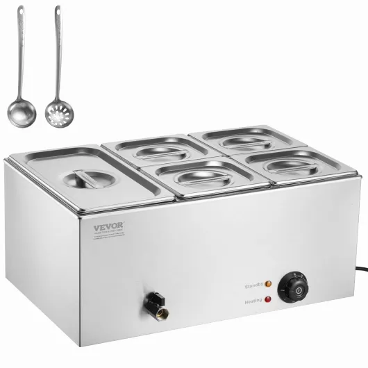 Chauffe-Plat Buffet à 5 Bacs, Bain-Marie Électrique 14,5 L 1200 W, Buffet Chauffant en Acier Inoxydable, Température Réglable 30-85 °C, pour Réchauffer Les Aliments Restauration Soirée Fête