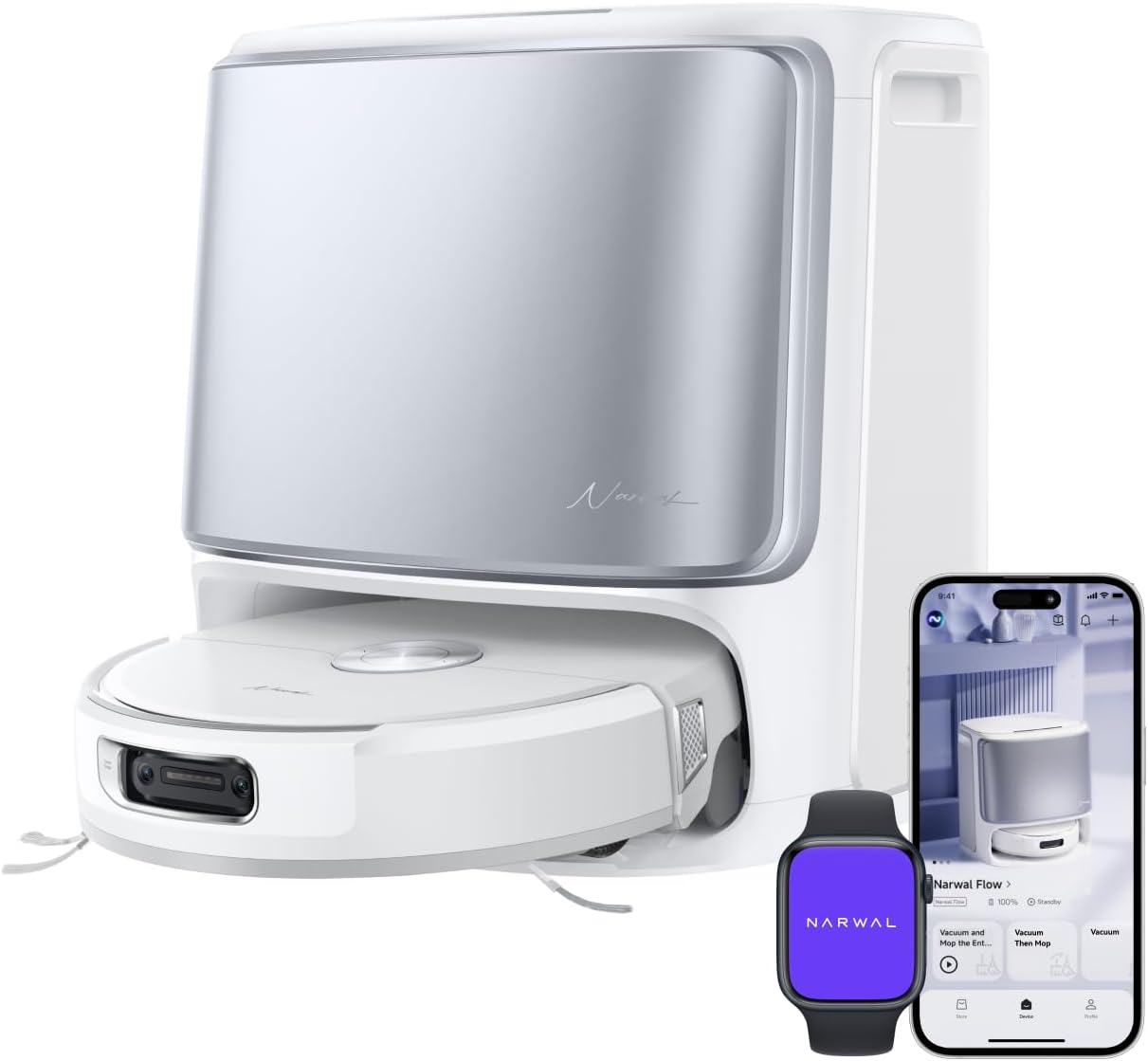 Flow Aspirateur Robot Laveur avec Station, 22 000 Pa, DualFlow Anti-Enchevêtrement Poil Animaux, Systeme de Lavage FlowWash, Eau Chaude 45-80°C, Nettoyage et séchage Auto de la serpilliere