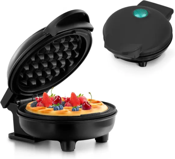 Mini Gaufrier pour Gaufres Classiques, Petit Gaufrier avec Antiadhésif Design Rétro pour Anniversaires, Fêtes de Famille, Noir