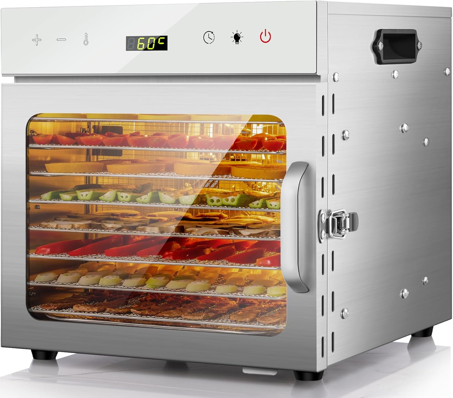 Deshydrateur Alimentaire en acier inoxydable, 8 Plateaux, régulateur de température de 30 à 90 °C, fonction minuterie de 24 h, sans BPA, déshydrateur pour fruits, viandes, légumes