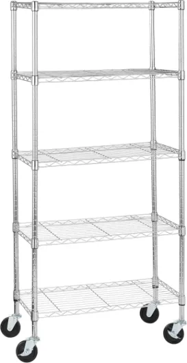 Meuble de rangement moyen à 5 tablettes étroites sur roulettes avec étagères réglables en hauteur et pieds de nivellement, poids maximum de 680 kg, chromé, 35.6 x 76.2 x 164.5 cm Chromé 35.6 x 76.2 x 164.5 cm Avec roues
