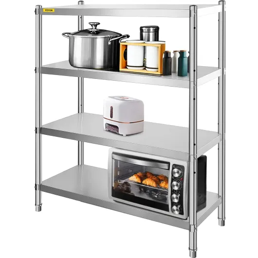 VBENLEM Étagères Inox de Rangement de Cuisine Capacité de Charge 150 kg Table à Épices à 4 Niveaux avec Accessoires d'Assemblage Meuble pour Cuisine Garage Atelier Entrepôt Balcon 122x48x150 cm