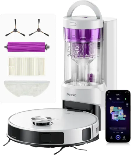 E20 Plus Robot Aspirateur de 8000 Pa avec Station de Vidange Automatique sans Sac, Robot Aspirateur Laveur Anti Enchevêtrement, Évitement d'obstacles 3D, Autonomie de 180 Minutes, DuoDetect AI E20 Plus Blanc