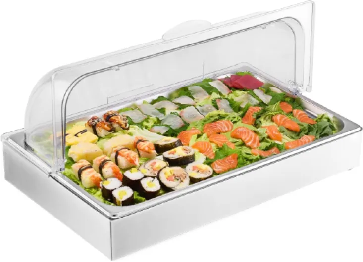 Saladette Réfrigérée à Poser avec 1 Plateau de Service en Acier Inoxydable, Vitrine Réfrigérée Comptoir avec Couvercle Transparent et 3 Bacs à Glaçons, pour Restaurant Hôtel Cuisine Fête
