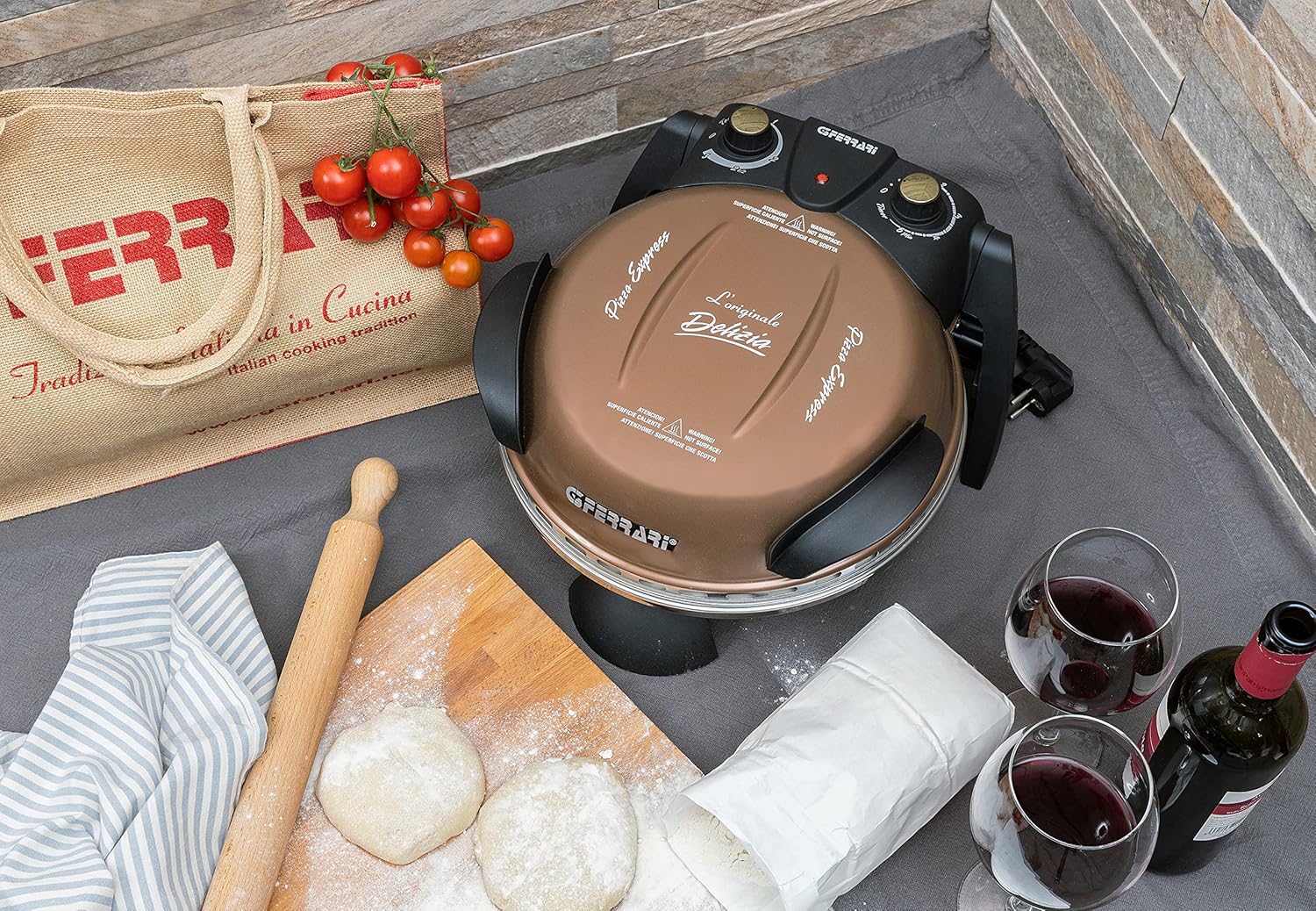 G10006 Pizza Exprimer Plaisir, Four Pizza, 1200 W, 400°C, Pierre Réfractaire (diamètre 31 cm), Minuteur 5', Livre de Recettes inclus, Cuivre Bronze G10006