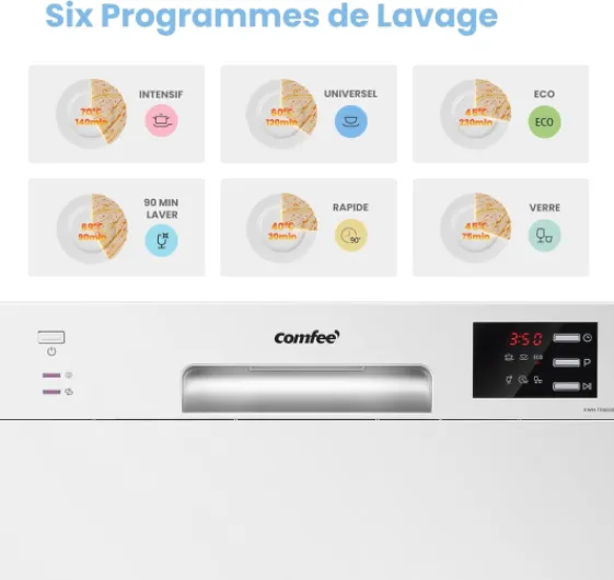 ' TD602E-W Lave-vaisselle compact pose libre, écran LED, 6,5 litres, blanc, niveau sonore : 47 dB