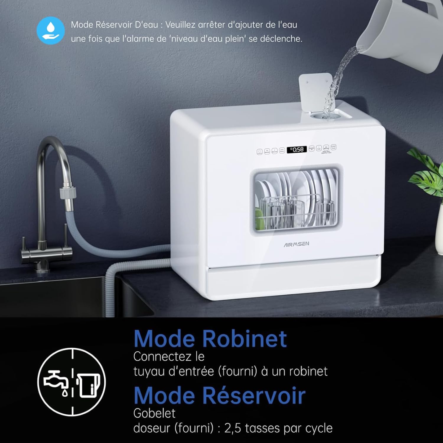 Lave-vaisselle de Table Mini Lave-vaisselle avec 7+2 Programmes, Fonction Sel Adoucissant Commande Tactile Affichage à LED Réservoir d'Eau 5L, Lave-vaisselle Compact pour Appartements Dortoirs