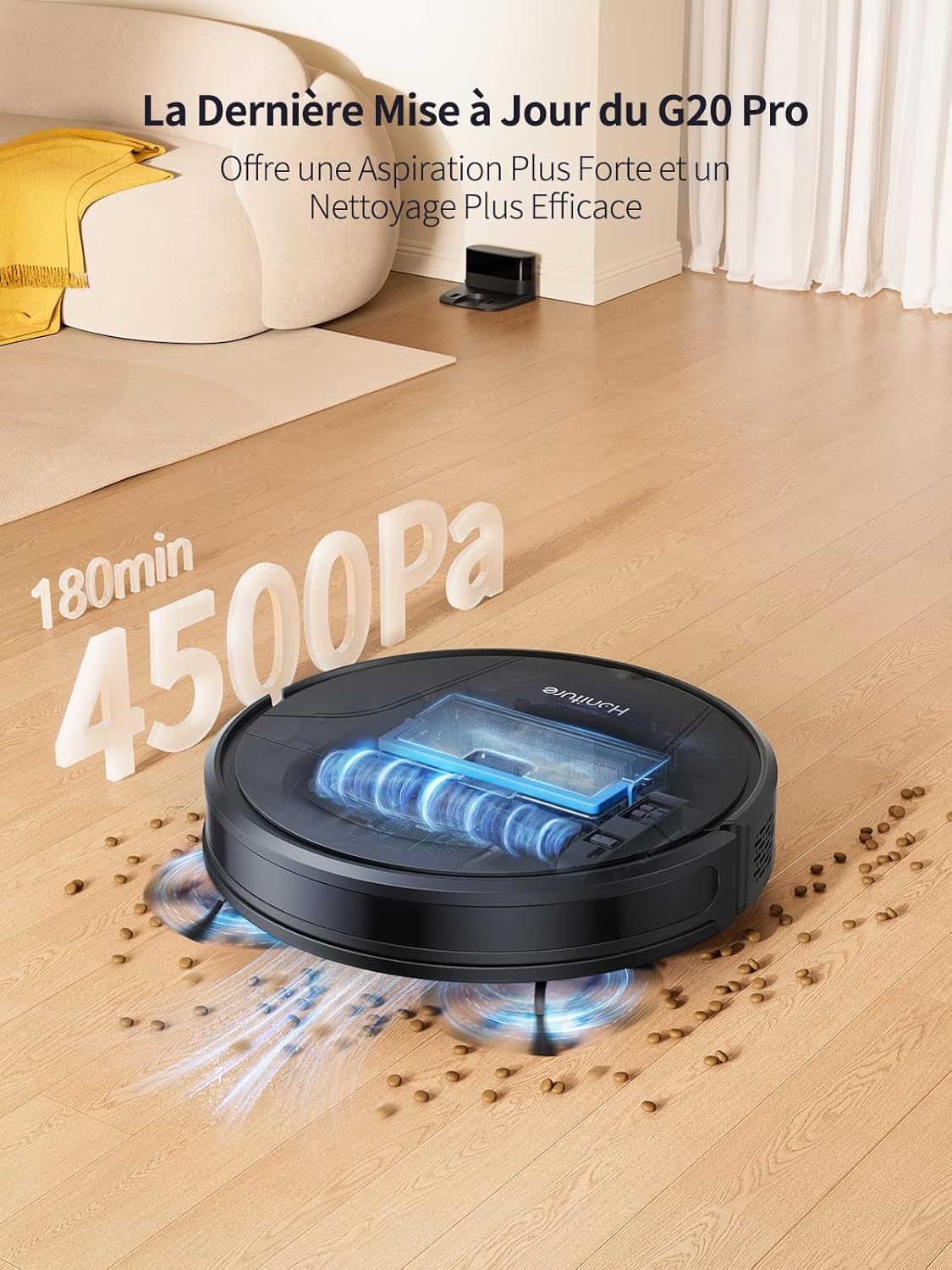Aspirateur Robot G20 Pro, Robot Aspirateur Laveur 3 en 1,Robot Aspirateur 4500Pa d'Aspiration,180min d'Autonomie, avec contrôle par Application, idéal pour Les Poils d'animaux, Les Noir