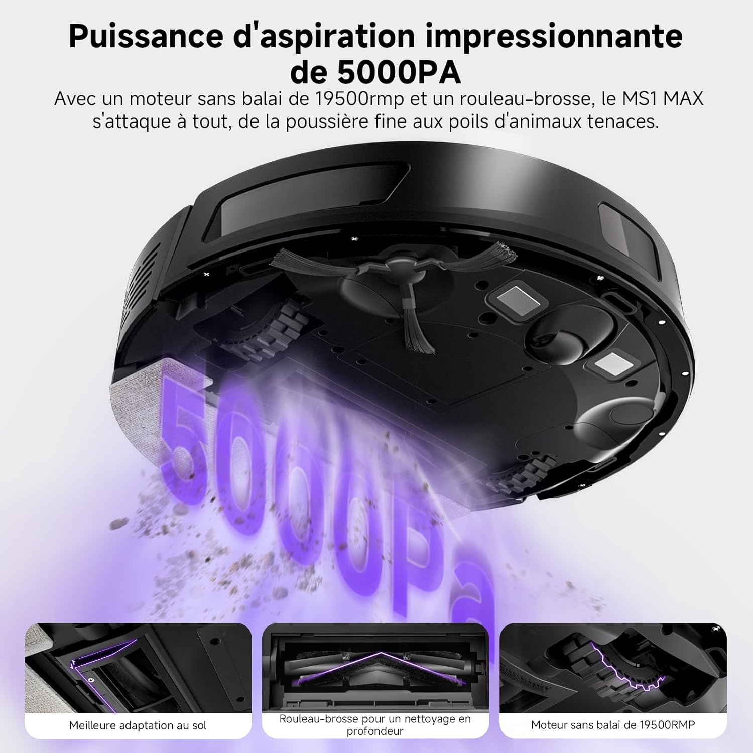 Aspirateur Robot Laveur 5000Pa Aspiration avec Station & 3.5L Collecteur de Poussière, 180min, Navigation LiDAR & Cartographie, Idéal pour Tapis Poils d'animaux, App Noir