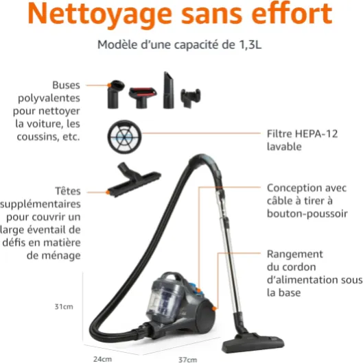 Aspirateur Traineau sans Sac 1.3L Compact Ultra-Léger avec Brosse Triple Action, Filtro HEPA, 850W, pour Tapis et Sols Durs, Gris 1,3 L 850 W
