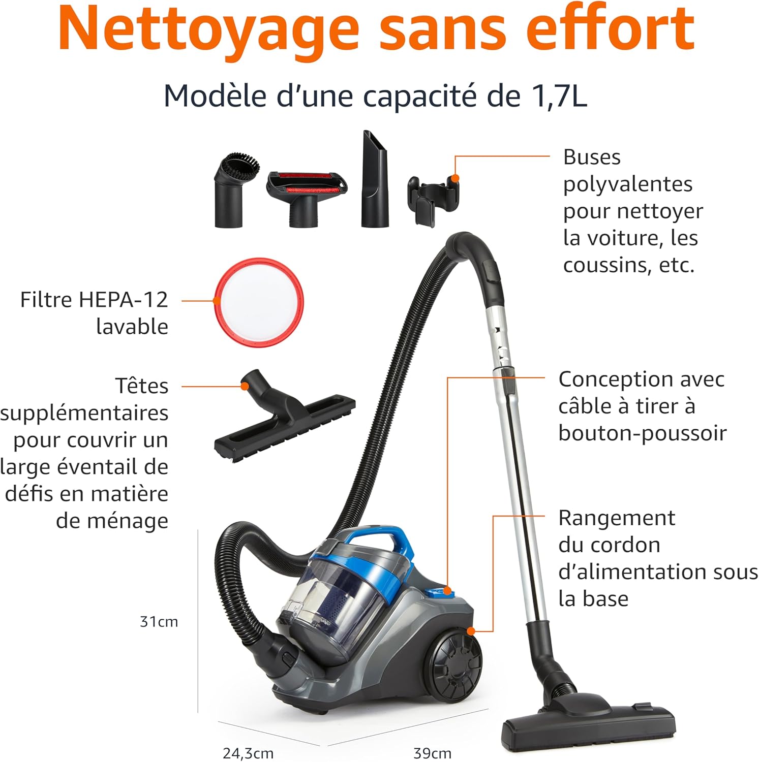 Aspirateur Traineau sans Sac 1.7L Compact Ultra-Léger avec Brosse Triple Action, Filtre HEPA, 850W, pour Tapis et Sols Durs, Noir et Bleu 1,7 L 850 W