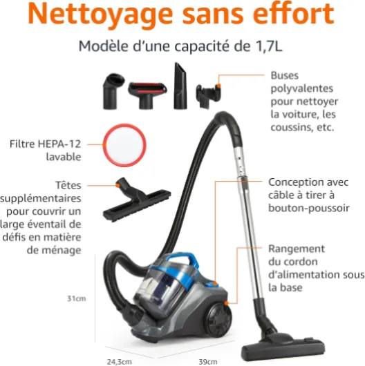 Aspirateur Traineau sans Sac 1.7L Compact Ultra-Léger avec Brosse Triple Action, Filtre HEPA, 850W, pour Tapis et Sols Durs, Noir et Bleu 1,7 L 850 W