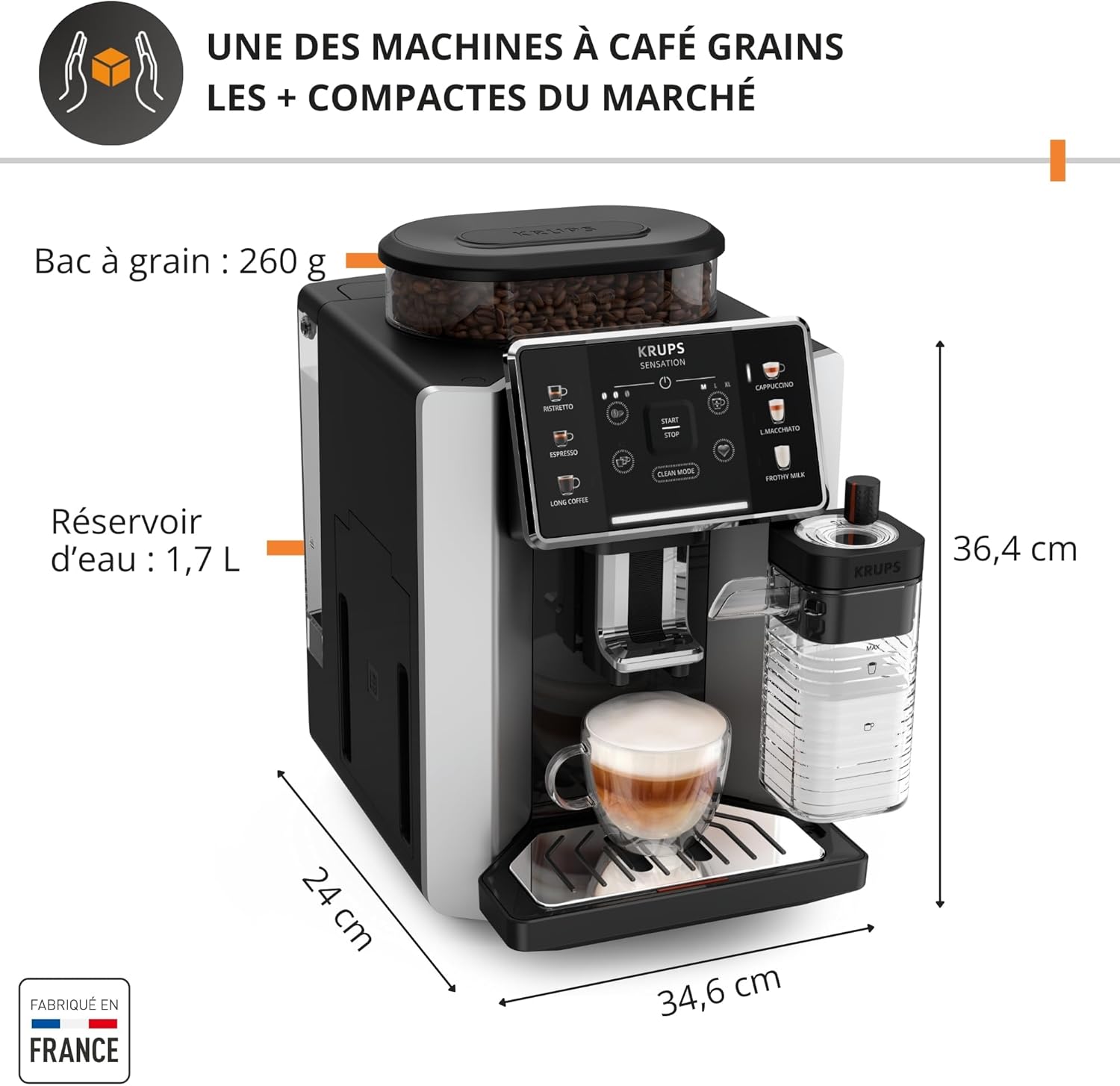 Sensation Lait, Machine à café grains, Expresso automatique, 6 boissons, Carafe à lait Cappuccino, Interface tactile, Nettoyage automatique, Silver, EA912E10 Gris Silver Milk Maestro - 6 recettes