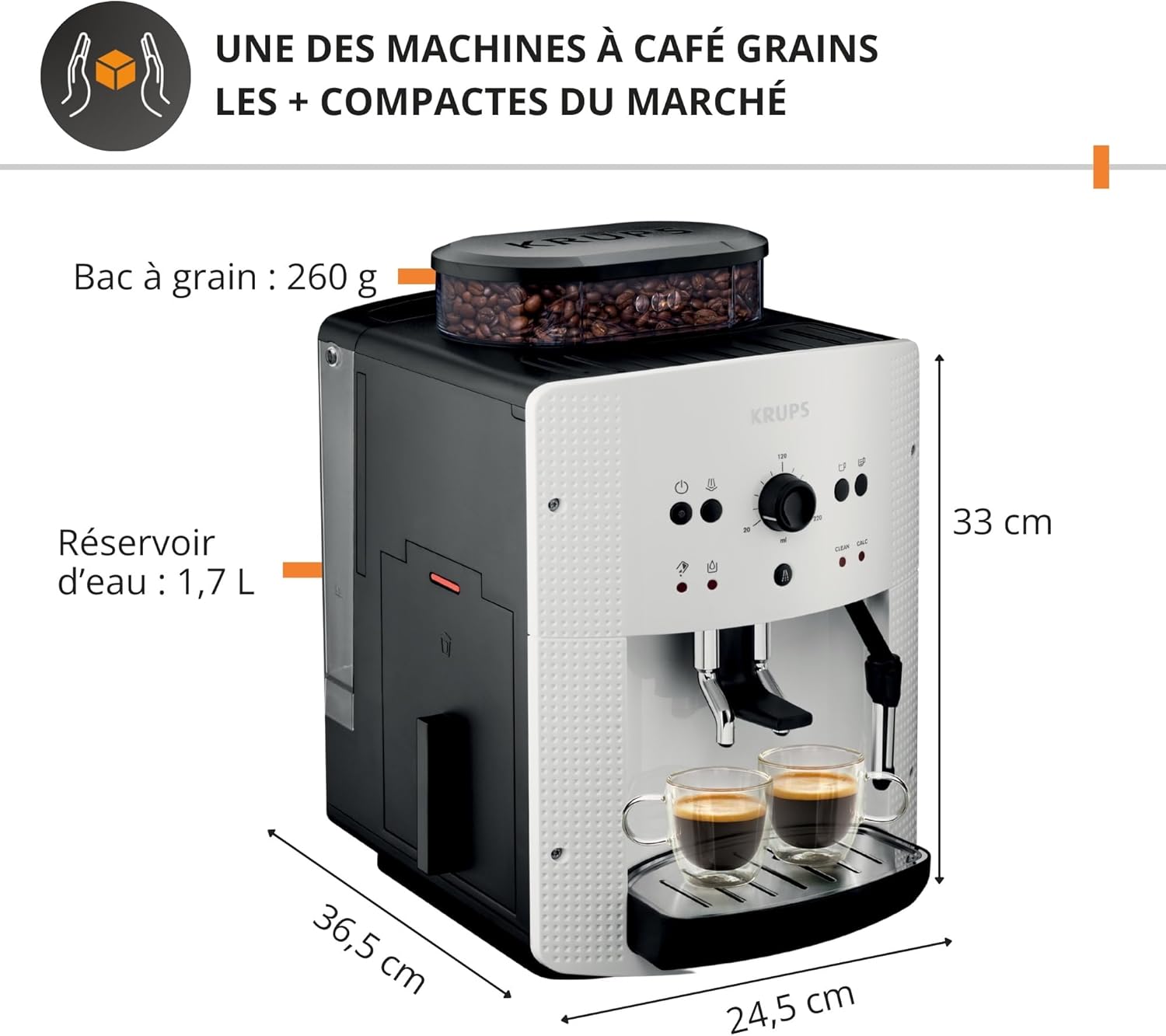 Machine à café broyeur grain, 2 expresso simultanés, Nettoyage automatique, Buse vapeur Cappuccino, Essential blanche EA810570