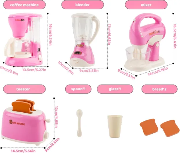 Accessoire Cuisine Enfant, Electromenager Cuisine Enfant avec Cafetière, Mixer, Blender, Grille-Pain et Autres, Kit de Ustensile, Cafetière Dînette Jouet pour Enfants de 3 + Ans
