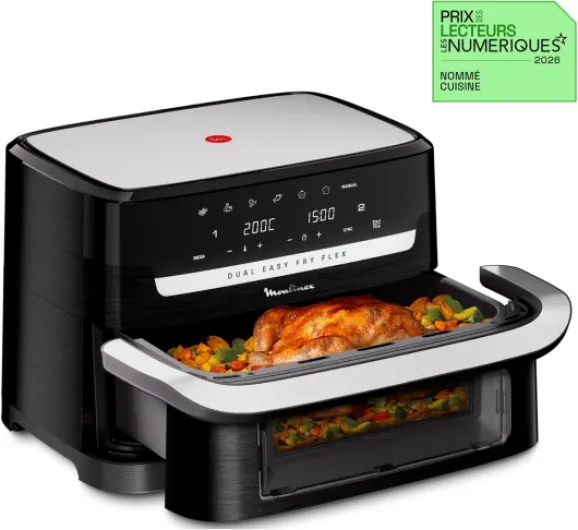 Easy Fry Dual Flex, air fryer, Grand tiroir de 9L, Double zone, Séparateur amovible, jusqu'à 8personnes, 7programmes intuitifs, EZ9228F0, noire, Noir