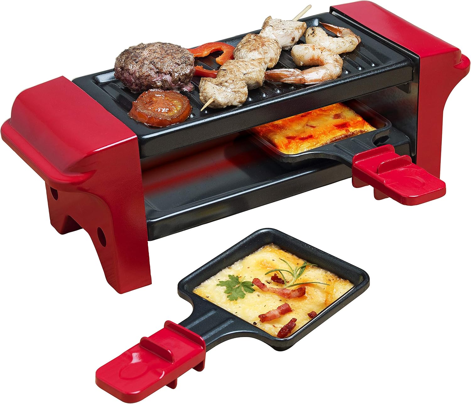 Appareil a raclette, Mini Grill pour 1 à 2 personnes, avec 2 poêlons et 2 spatules, avec revêtement antiadhésif, 350 Watts, couleur: Rouge/Noir Rosso/Nero