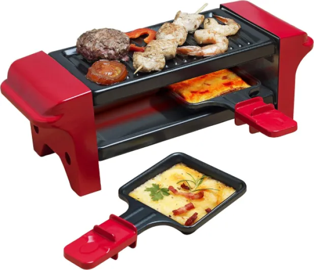 Appareil a raclette, Mini Grill pour 1 à 2 personnes, avec 2 poêlons et 2 spatules, avec revêtement antiadhésif, 350 Watts, couleur: Rouge/Noir Rosso/Nero