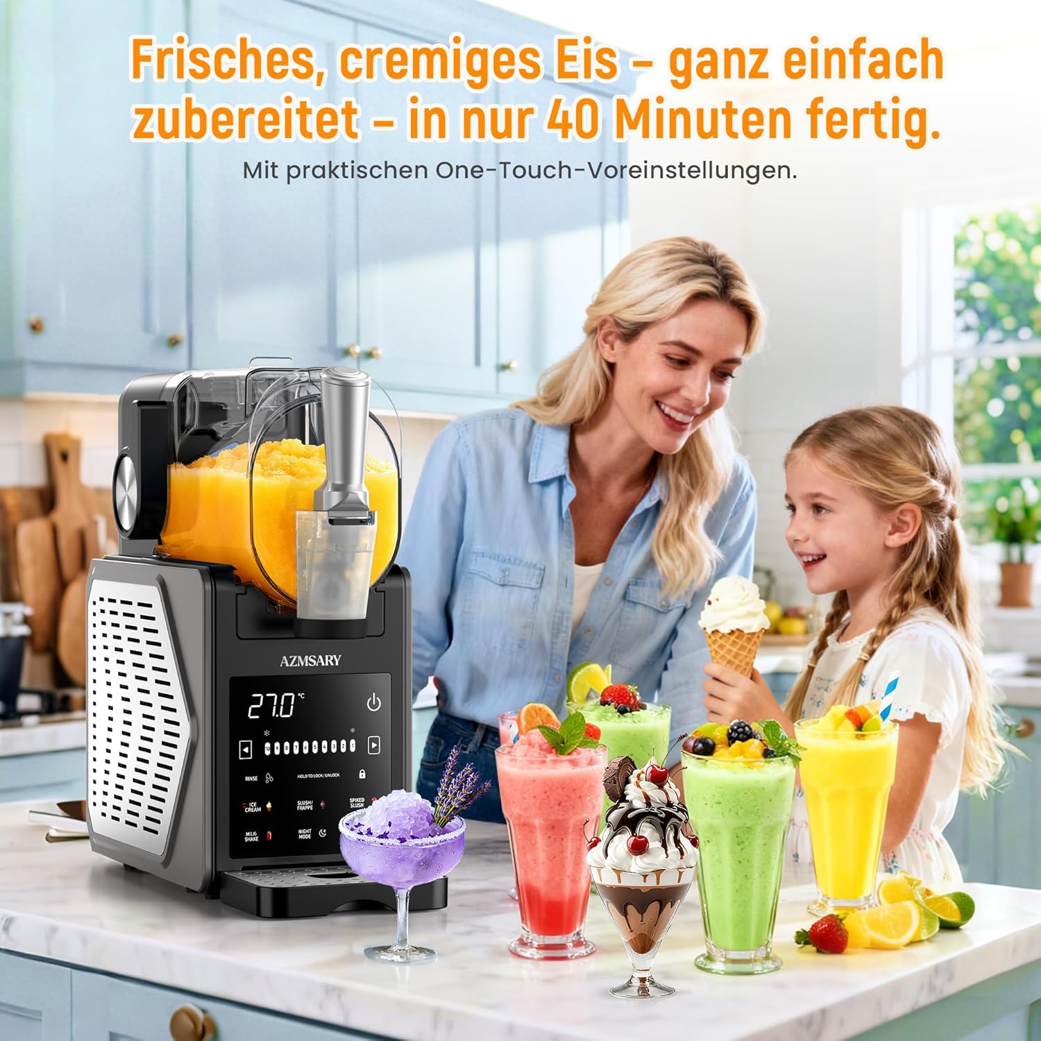 Machine à granita – 2,5 L machine à glace & slushie pour la maison, avec écran LED, 6 programmes préréglés pour crème glacée, margaritas, frappés, milkshakes, nettoyage automatique, sans glace Black