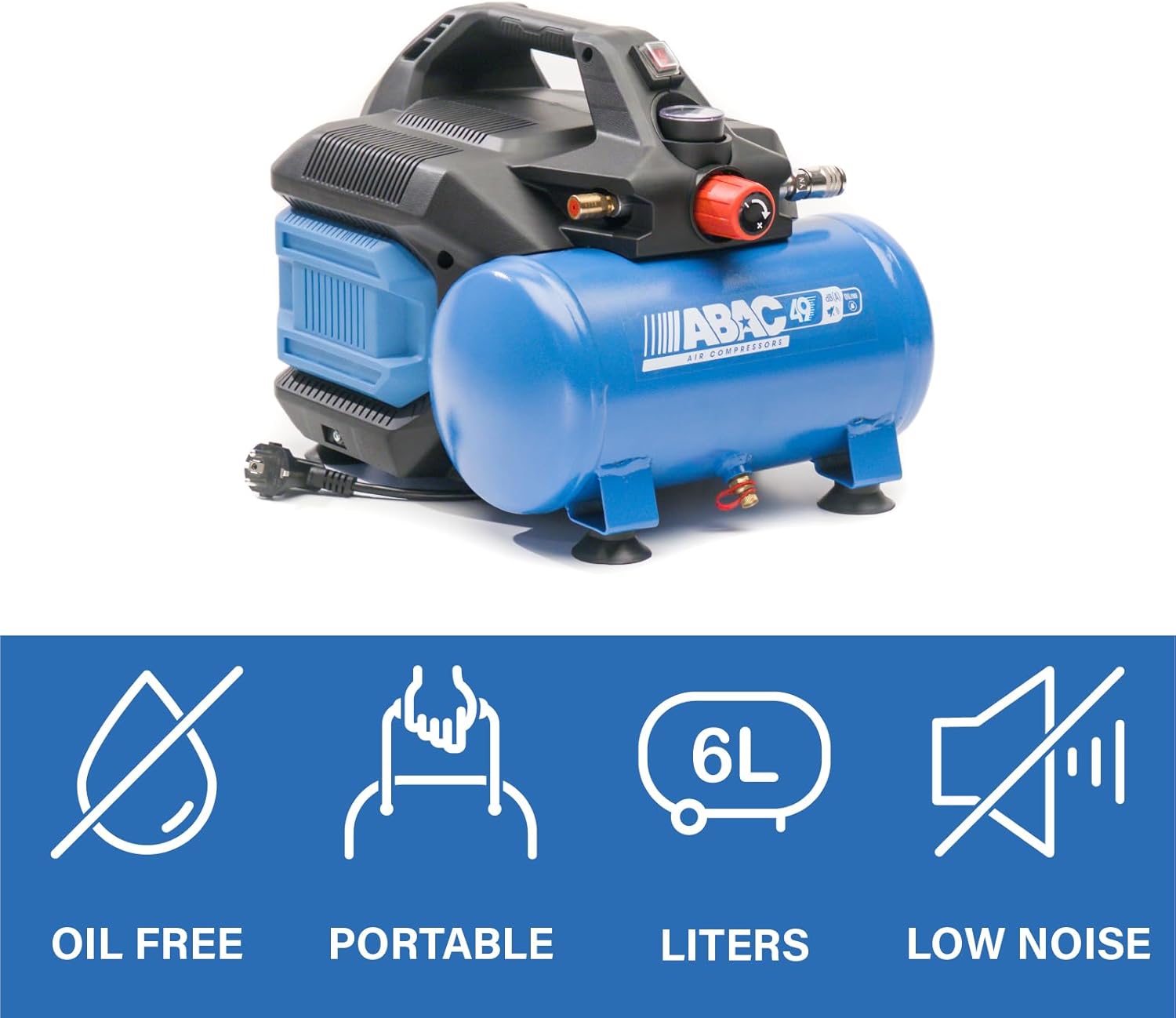 Compresseur d'Air Portable Silencieux EASE-AIR 6, Compresseur d'Air sans Huile, Pression Maximale 8 Bar, Puissance 0,75 ch, Réservoir 6 litres, Niveau Sonore 49 dB, Blue Unique