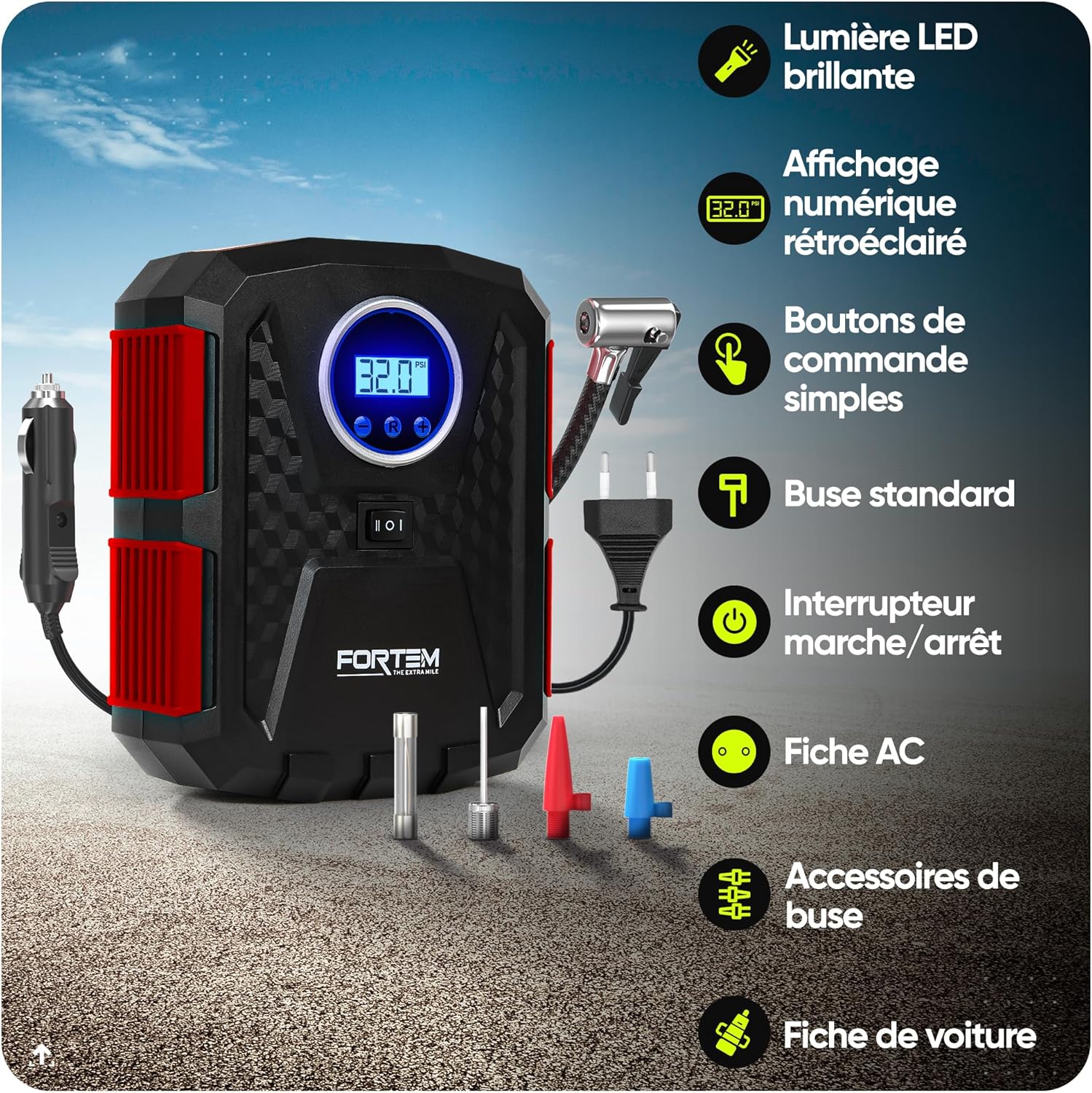 Gonfleur 150 PSI, Pompe Air 12V DC & 230V AC, Manomètre Digital Auto Stop, Accessoire Pneus Voiture & Vélo, LED, Rangement Transport Rouge 230V AC/DC
