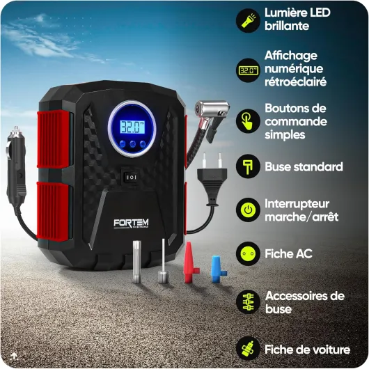 Gonfleur 150 PSI, Pompe Air 12V DC & 230V AC, Manomètre Digital Auto Stop, Accessoire Pneus Voiture & Vélo, LED, Rangement Transport Rouge 230V AC/DC