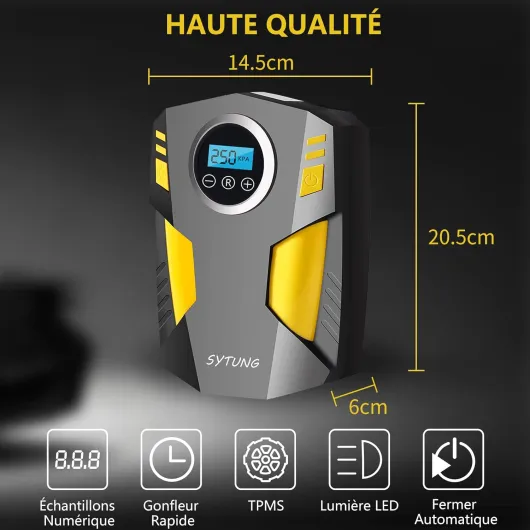 Gonfleur Pneus Voiture Numérique Portable avec 3 Adaptateurs De Buse Et Lumière LED Numérique 12 V Pompe à Air électrique Rapide pour Pneus et Autres Objets Gonflables Noir
