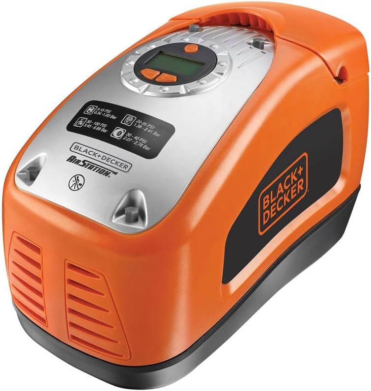 BLACK+DECKER ASI300-QS Gonfleur-Compresseur Filaire - 11 Bars - 160 PSI - 220 V ou Allume-Cigare 12V - Fourni avec 1 Aiguille et 2 Embouts Unique