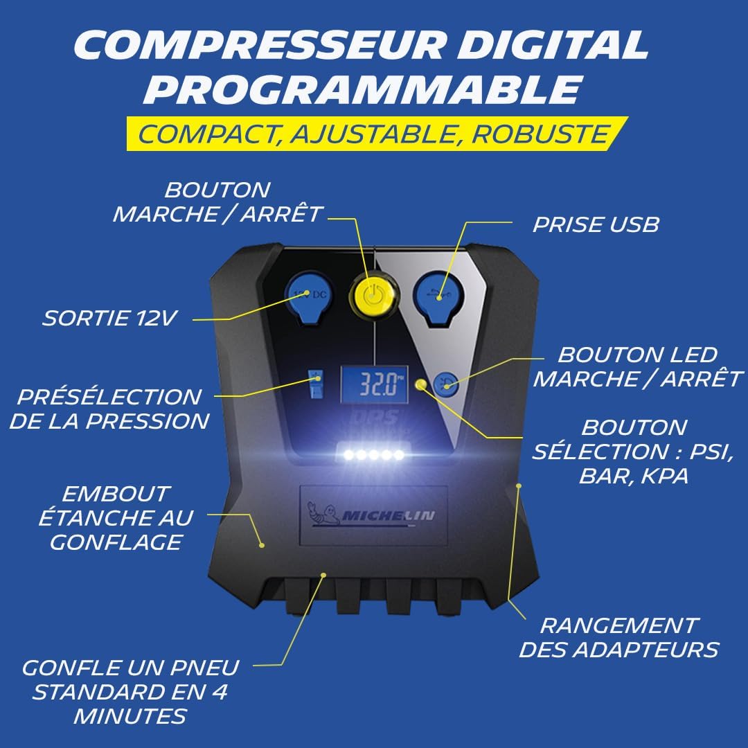 009519 Compresseur à Air 12 V Programmable – 7 Bars – Gonflage Pneus de Voiture en 3 Minutes – Arrêt Automatique - Manomètre Digital – Robuste Compact – LED - Livré avec embouts adaptateurs Standard 12V Programmable Essentiels