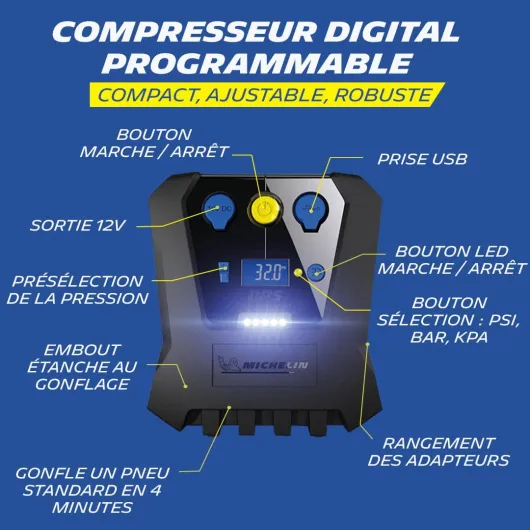 009519 Compresseur à Air 12 V Programmable – 7 Bars – Gonflage Pneus de Voiture en 3 Minutes – Arrêt Automatique - Manomètre Digital – Robuste Compact – LED - Livré avec embouts adaptateurs Standard 12V Programmable Essentiels