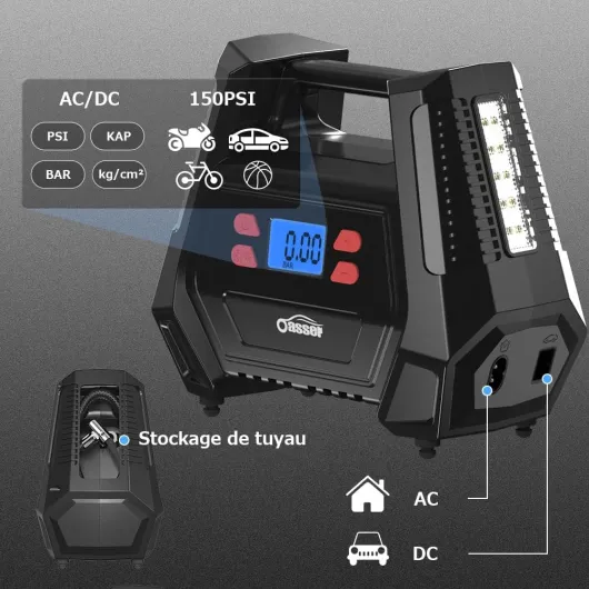 Compresseur Voiture Compresseur à Air Portatif 12v 220V Gonfleur Pneus Voiture AC/DC Double Alimentation Maison ou Allume-Cigare 150PSI (10,3 Bar) avec Tuyau 60 cm pour Voiture Moto Vélo Balle