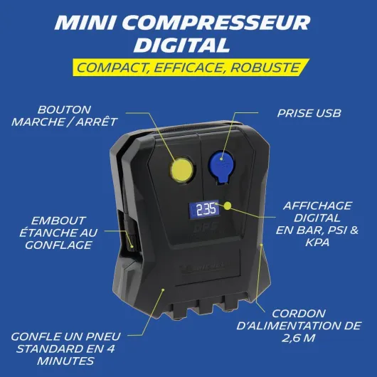 009518 Mini Compresseur à Air 12 V – 3,5 Bars – Gonflage Pneus de Voiture en 4 Minutes – Manomètre Digital – Robuste et Compact – Compresseur Voiture Branchement Allume Cigare - Polyvalent