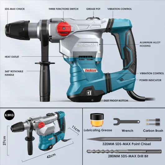 Marteau Perforateur SDS-Max Professionnel 12J, 1500W, 3-en-1 avec embrayage de sécurité et Anti-vibration - Capacité de perçage 40mm dans le béton - Inclus Burin, Foret et sac de Transport 12 Joule